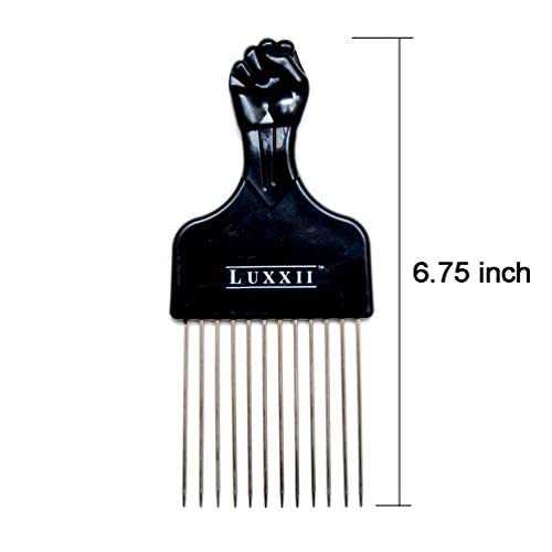(2 Pack) 6.75" Black Fist Metal Afro Pick Lift Hair Comb Detangle Wig Braid Hair Man Styling Comb