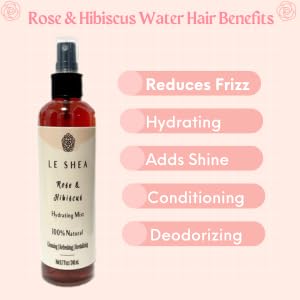 LE SHEA Hibiscus & Rose Water Spray w Aloe, Essential Oil, Refresh Condition Braid Dreadlock Loc Rosewater Facial Skin Body Face Mist 8.7 oz