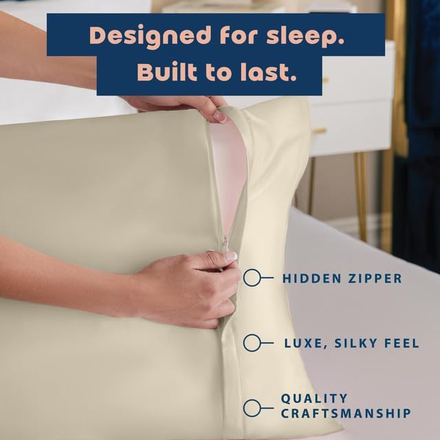 BLISSFORD Satin Pillowcase with Zipper, for Hair and Skin Care, Feels Soft and Cool Like a Silk Pillowcase, Satin Pillow Cases 2 Pack, Slik Pillow Cover, Champagne, King, Set of 2
