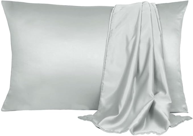 uxcell 2 Pack Silk Satin Pillowcase for Hair and Skin, Cool, Silky, Soft Breathable Pillow Cases King Size 20x36 Inch Sateen Pillowcase Light Gray with Envelope Closure