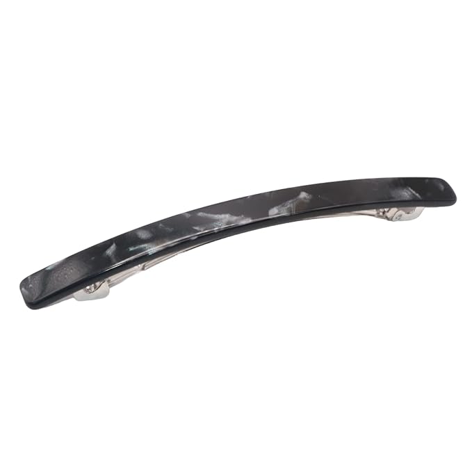 French Amie Long and Thin Large 4" Celluloid Handmade No Slip Durable Hair Barrette Clip for Women, Made in France (Black Nycra)