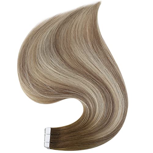Full Shine Invisible Tape in Hair Extensions Color 3 Brown Fading to 8 Light Brown and 22 Blonde Balayage Soft Remy Tape in Hair Extensions Human Hair 14Inch 20Pcs 50Gram Seamless Tape Ins