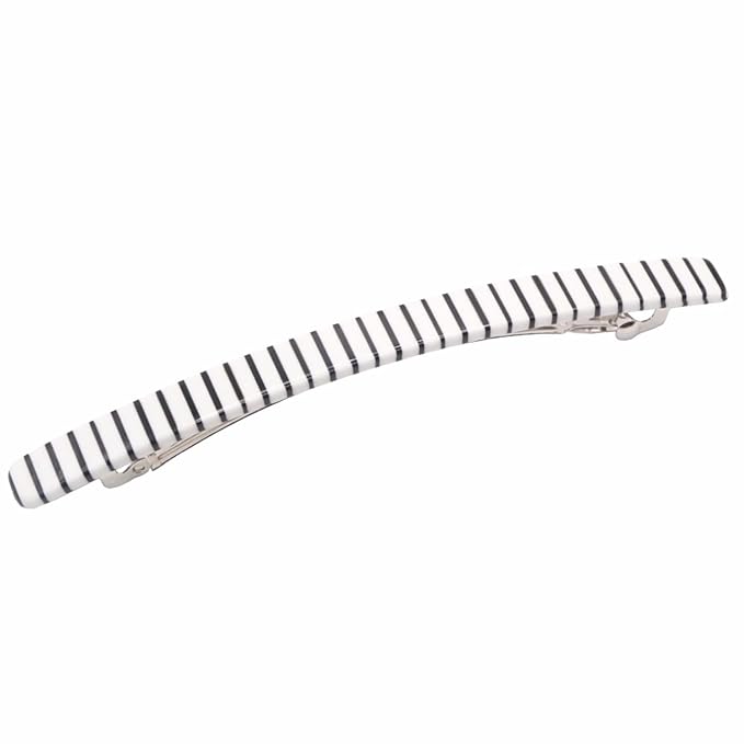 French Amie Long and Thin Black White Large 4” Handmade Celluloid Automatic Hair Clip Barrette for Women and Girls (Stripe)