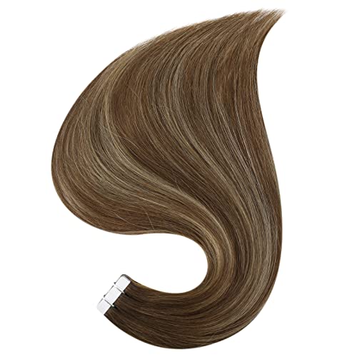 Full Shine Tape in Human Hair Extensions Color 4/24/4 Brown Fading to Blonde and Brown Balayage 20Inch Seamless Invisible Brazilian Tape in Hair Extension for Wedding 20Pcs 50Gram Soft