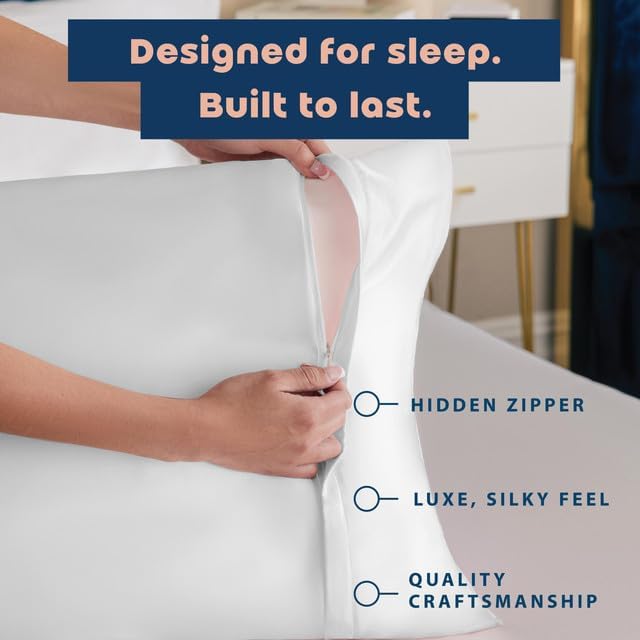 BLISSFORD Satin Pillowcase with Zipper for Hair and Skin Care, Feels Soft and Cool Like a Silk Pillowcase, White Satin Pillow Cases 2 Pack, Slik Pillow Cover, Queen Size - Set of 2