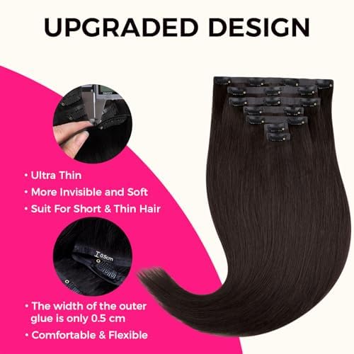 Lashey Seamless Clip-in Hair Extensions - Human Hair, Dark Brown, Light Yaki, Straight, 7pcs, 110g, 18 Inch PU Weft, Natural, for Women
