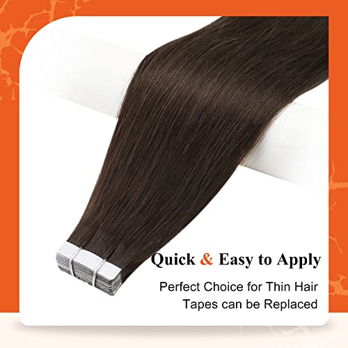 Full Shine Hair Extensions Tape in Color 2 Dark Brown Tape in Hair Extensions Human Hair 12Inch Skin Weft Hair Extensions 20Pcs 30Gram Tape Ins Human Hair Extensions for Women