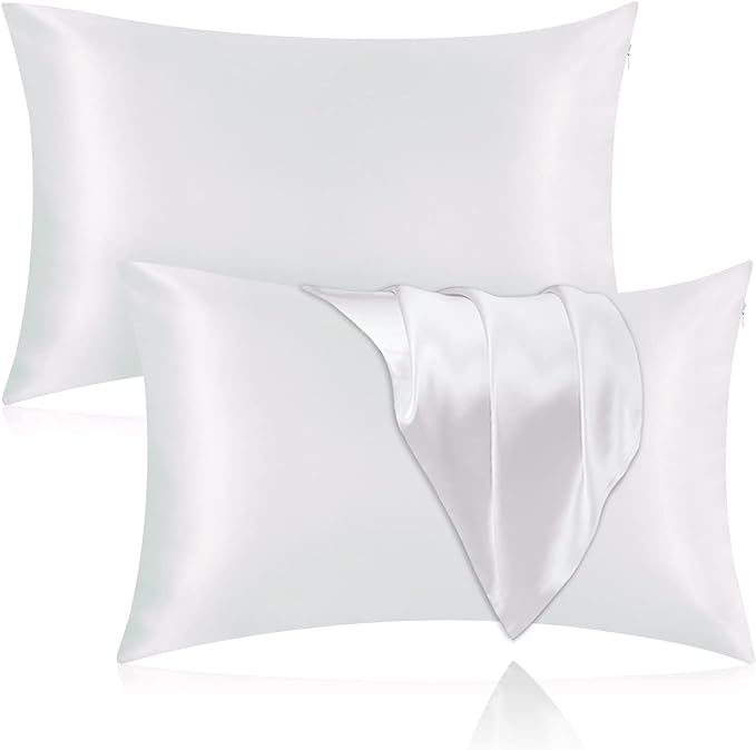 Silk Pillowcase for Hair and Skin, 2 Pack 100% Mulberry Silk Pillowcase 25 Momme, 600 Thread Count, Both Side Pure Silk Pillow Cover with Hidden Zipper (White, Queen 20''×30'')