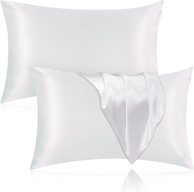 Silk Pillowcase for Hair and Skin, 2 Pack 100% Mulberry Silk Pillowcase 25 Momme, 600 Thread Count, Both Side Pure Silk Pillow Cover with Hidden Zipper (White, King 20''×36'')