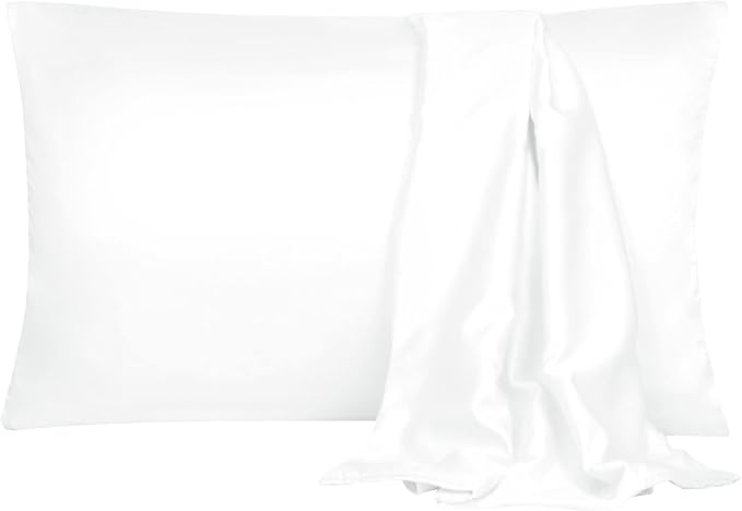 uxcell 2 Pack Silk Satin Pillowcase for Hair and Skin, Cool, Silky, Soft Breathable Pillow Cases Queen Size 20x30 Inch Sateen Pillowcase Snow White with Envelope Closure