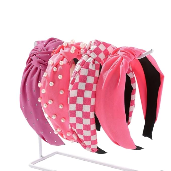 4Pack Knotted Headband for Women Checkered Flower Printed Headbands Top Knot Non Slip Beaded Headband Set Solid Color Wide Knotted Head Bands for Women's Hair (Hotpi-n-k)