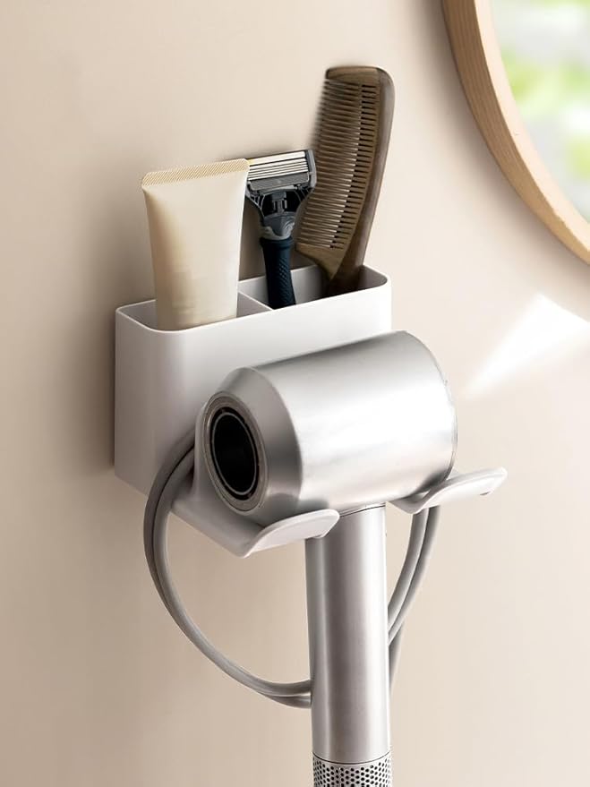 Hair Dryer Holder, Blow Dryer Hanger Wall Mount for Hair Dryer Hook with Plug&Cord Organizer Self Adhesive for Cabinet Bathroom (White Style B (1 Pack))