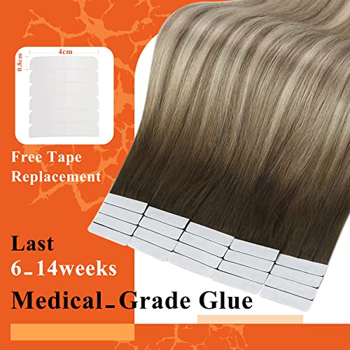 Full Shine Invisible Tape in Hair Extensions Color 3 Brown Fading to 8 Light Brown and 22 Blonde Balayage Soft Remy Tape in Hair Extensions Human Hair 14Inch 20Pcs 50Gram Seamless Tape Ins