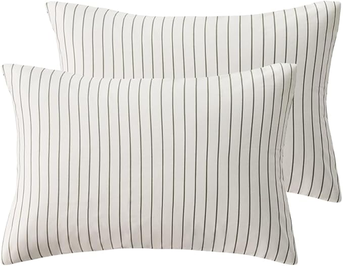 JELLYMONI 100% Natural Cotton Striped King Pillowcases Set, 2 Pack White with Thin Gray Vertical Stripes Pattern Printed Pillow Covers with Envelope Closure (Pillows are not Included)