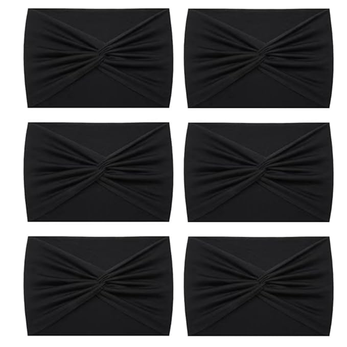 Extra Wide Headbands for Women, 7'' Large Cotton Like Turban Knotted Bandana Head Bands for Women Non Slip, Boho Headbands for Women's Hair (All Black-6Pcs, Extra Large 7" Wide)