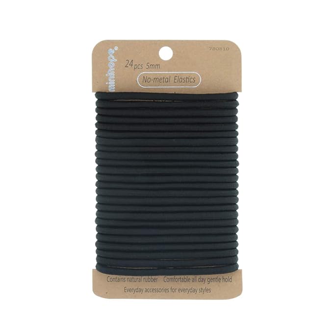 Minihope no-metal elastic hair ties, women's black thick large elastics, 5MM for thick hair 24 Count