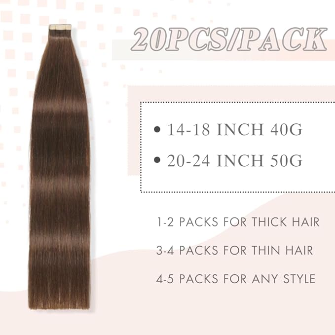 Tape in Hair Extensions Human Hair, 20pcs 16 Inch Dark Brown Remy Hair Extensions Straight Human Hair Tape in Extensions Skin Weft Tape Extensions Human Hair (4#,16 Inch)