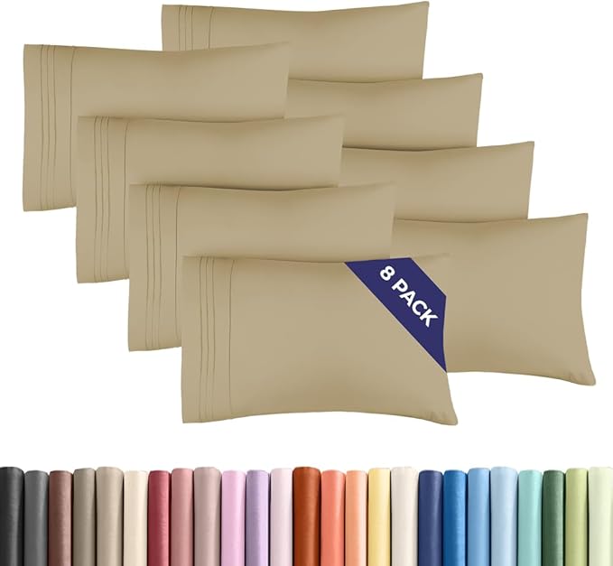 King Pillow Cases Set of 8 - Ultra Soft Hotel Quality Pillowcase Covers - Comfy & Wrinkle Free - Shrink, Stain and Fade Resistant - Easy-Care, Machine Washable Pillow Protectors - 8 Piece Set - Beige