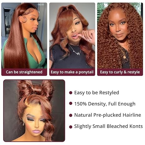 AMIRTY 200% Density 34 Inch Orange Ginger Lace Front Wigs Human Hair 13X4 HD Transparent Lace Front Wigs Human Hair with Baby Hair Chestnut Brown #33 For Women