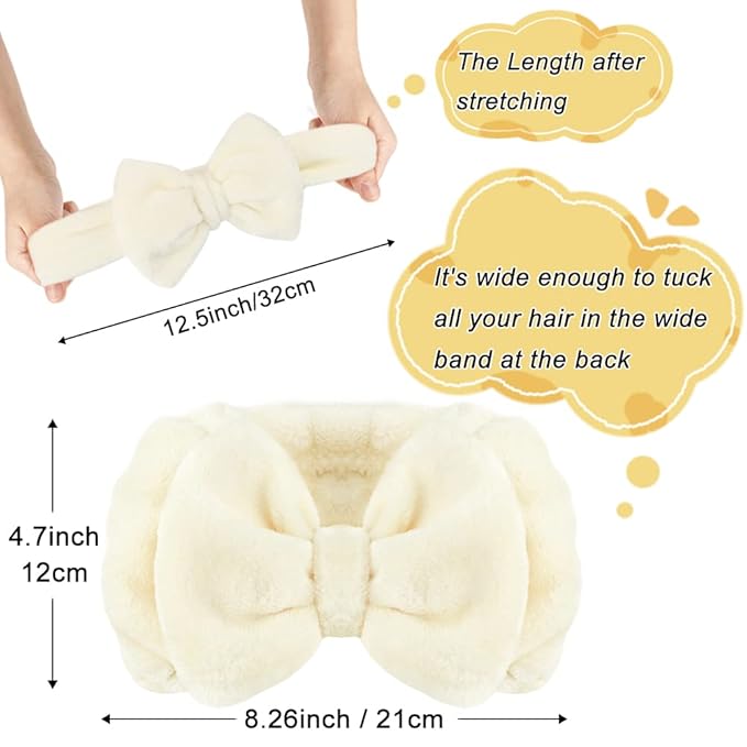 Shintop Spa Headband Soft Carol Fleece Makeup Headband with Cute Bow Elastic Hairand for Washing Face Skincare Facial Mask Bath Gift（Creamy White）