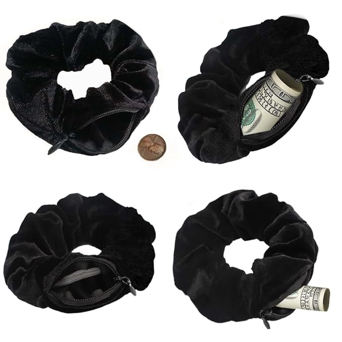 Zipper Scrunchie,Velvet Scrunchie with Zipper Pocket for Women - Hair Tie with Hidden Storage Compartment for Cash, Lipstick, Keys & Valuables | Hidden Compartment Items for Travel (Black, 8)