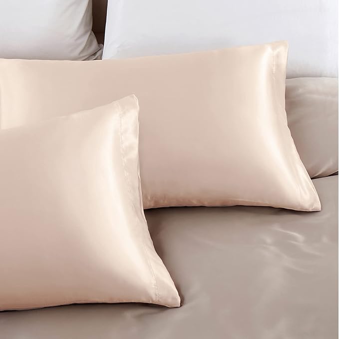 Aormenzy Beige Satin Pillowcase for Hair and Skin, Satin Pillow Cases for Women Standard Size Set of 2 with Envelope Closure Silky Pillow Covers Wrinkle, Fade Resistant (20x26 Inches)