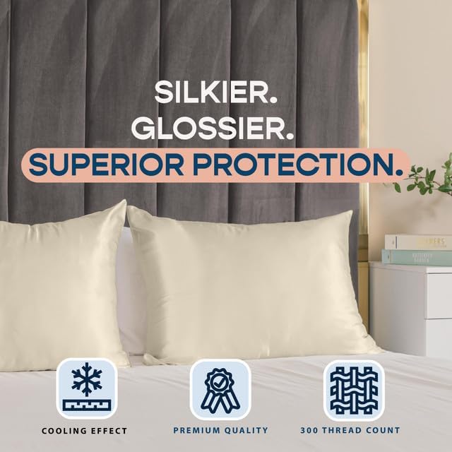 BLISSFORD Satin Pillowcase with Zipper, for Hair and Skin Care, Feels Soft and Cool Like a Silk Pillowcase, Satin Pillow Cases 2 Pack, Slik Pillow Cover, Champagne, King, Set of 2