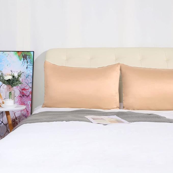 uxcell 2 Pack Silk Satin Pillowcase for Hair and Skin, Cool, Silky, Soft Breathable Pillow Cases Standard Size 20x26 Inch Sateen Pillowcase Caramel with Envelope Closure