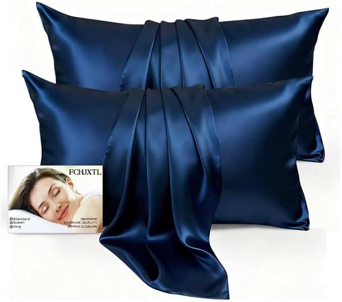 Set of 2 100% Mulberry Silk Pillow Cases - 6A Luxury Silk Pillowcase for Hair and Skin – Anti-Wrinkle, Cooling & Smooth, Hidden Zipper – Pillowcases for Sleeping Women Girl, Boy (Navy, Standard)