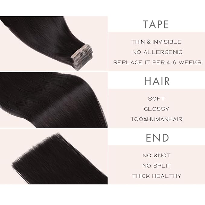 Tape in Hair Extensions Human Hair, Hair Extensions 18 Inch 20pcs Natural Black Remy Straight Human Hair Tape in Extensions Skin Weft Tape Extensions Human Hair (1B#,18 Inch)