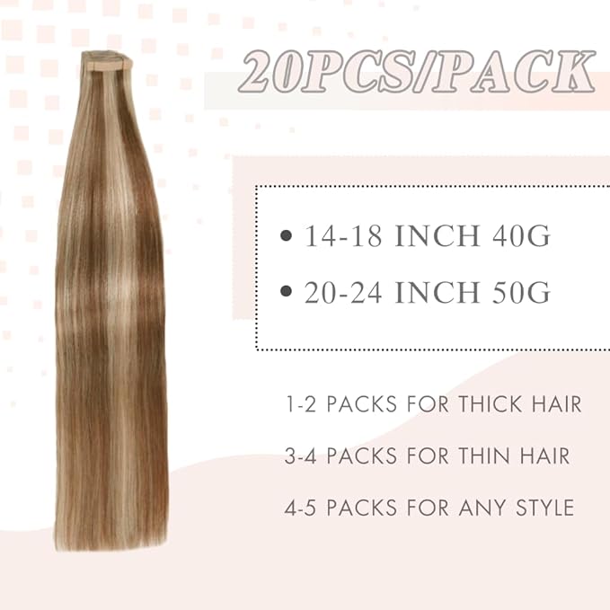 Human Hair Tape in Extensions Chestnut Brown to Blonde Highlight 22 Inch 20pcs Seamless Skin Weft Tape in Hair Extensions Straight Remy Hair Extensions Human Hair (P6/613#,22 Inch)