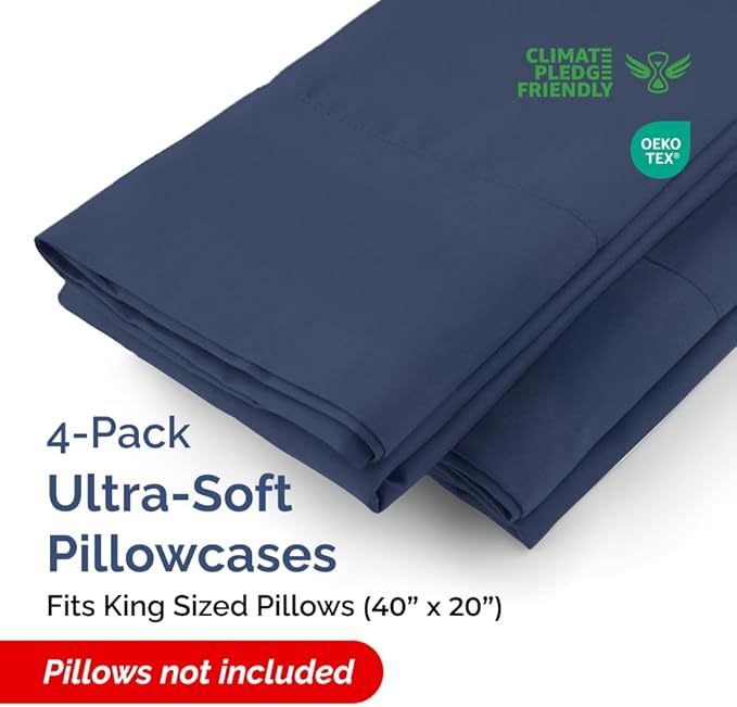 King Pillow Cases - 4 Pack - Super Soft Pillowcase Covers - Envelope Enclosure - Hotel Quality Pillow Protectors - Wrinkle Free, Shrink and Stain Resistant - Machine Washable - 20" x 40" (Navy Blue)