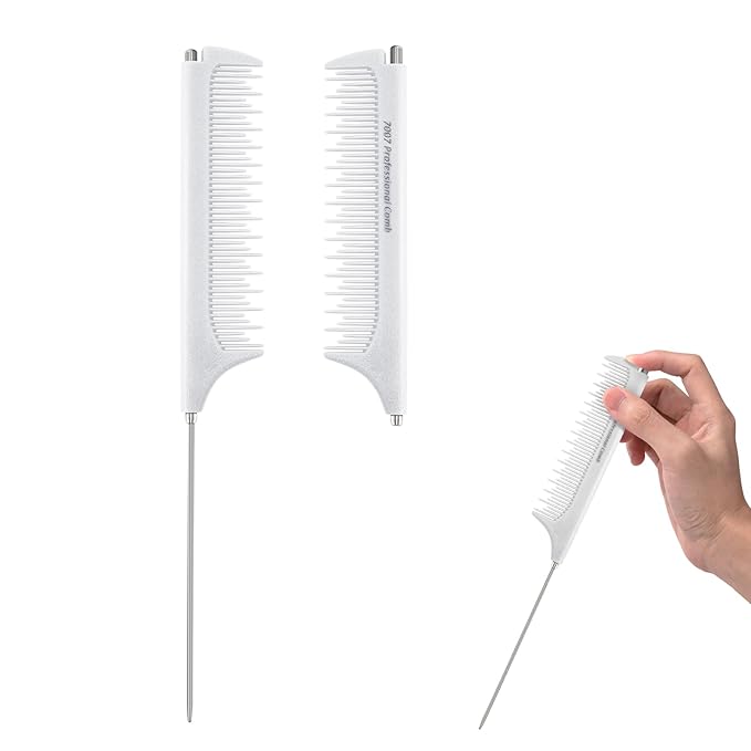 Rat Tail Combs for Parting, Protable Retractable Rat Tail Comb, Parting Combs for Hair Stylist, Fine Tooth Teasing Comb Stainless Steel Pin Tail, Easy to Carry (White)