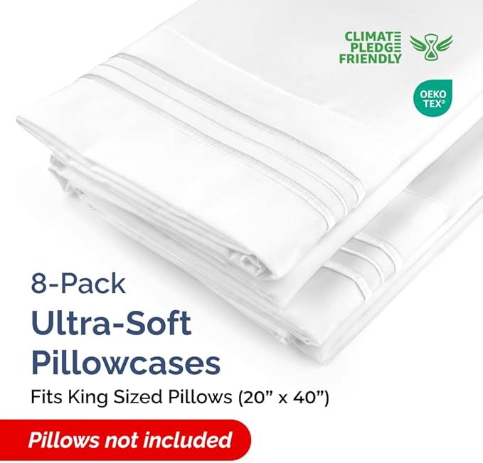 King Pillow Cases Set of 8 - Ultra Soft Hotel Quality Pillowcase Covers - Comfy & Wrinkle Free - Shrink, Stain and Fade Resistant - Easy-Care, Machine Washable Pillow Protectors - 8 Piece Set - White