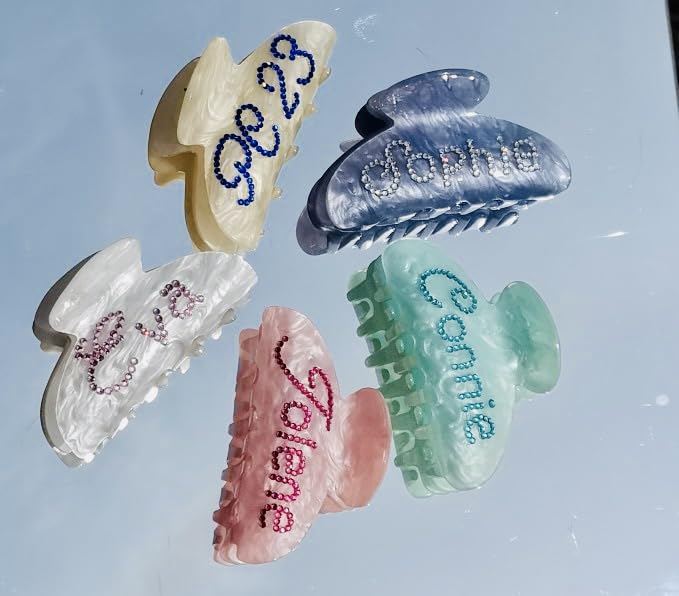 Personalized Hair Claw Clips with Rhinestones - Custom Name and Bridal Styles (Pearl Green)