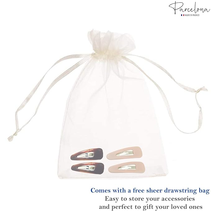 Parcelona French Mini Set of 4 Small Celluloid Acetate Snap Hair Clips No Slip Fashion Durable Styling Women Hair Accessories Girls Snap Hair Barrette, Made in France (Blush Pink-Shell Brown)