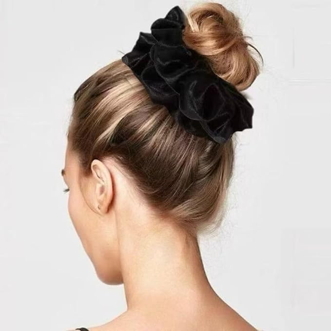 2PCS Black Extra Large Satin Scrunchies for Women Thick Hair - No Damage Hair Ties 6.3Inches Big Hair Scrunchy Oversized Thick Elastic Hair Bands Ponytail Holders Jumbo Scrunchies (Black*2)