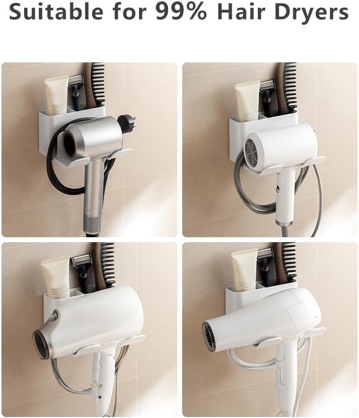Hair Dryer Holder, Blow Dryer Hanger Wall Mount for Hair Dryer Hook with Plug&Cord Organizer Self Adhesive for Cabinet Bathroom (White Style B (1 Pack))