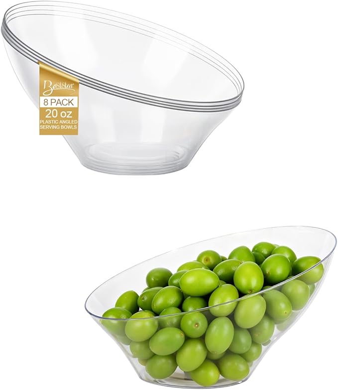 BESTSTAR 20OZ Plastic Clear Serving Bowls 8 Pack Angled Disposable Party Bowls for Chips, Salad, Fruit & Candy – Heavy Duty Clear Serving Bowls for Parties, Buffet, Catering, Wedding, Daily Use