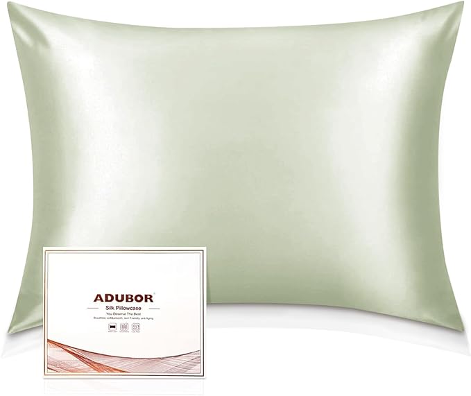 Adubor 100% Silk Pillowcase - Mulberry Silk Pillow Cases, 23 Momme 6A Grade Fibers, Silk Pillow Case for Hair and Skin Health, with Hidden Zipper (King 20''×36'', Pea Green, 1PC)