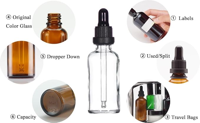 YIZHAO Clear Glass Dropper Bottle 2oz, Tincture Bottles with Glass Dropper, for Essential Oils, Aromatherapy, Cosmetic, Laboratory, Pharmacy, Liquids, Travel –6 Pcs