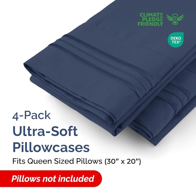 Queen Pillow Cases Set of 4 - Ultra Soft Hotel Quality Pillowcase Covers - Comfy, Cozy & Wrinkle Free - Shrinkage, Stain & Fade Resistant - Machine Washable Pillow Protectors - 4 Piece Set - Navy Blue