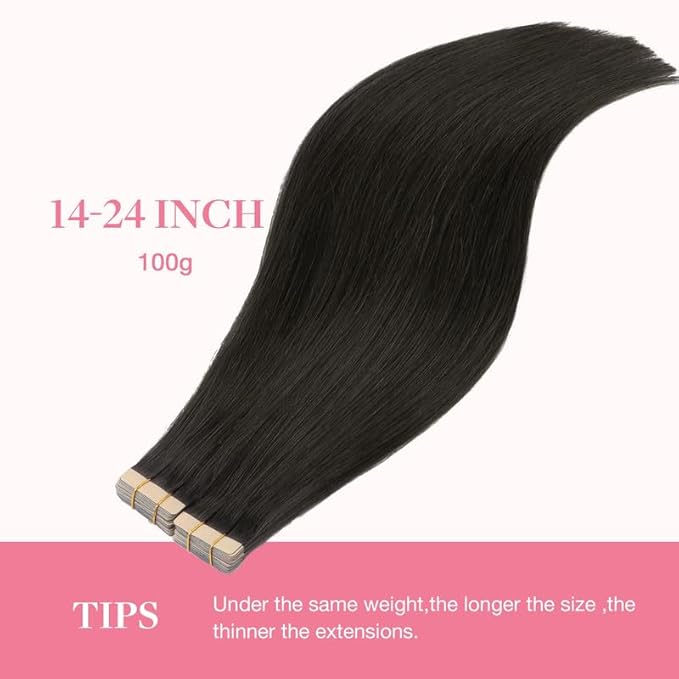 GOO GOO Tape in Hair Extensions Human Hair, 1B Natural black, 16inch 100g 40pcs, Skin Weft Seamless Invisible, Silky Straight with Thick Ends, Remy Human Hair