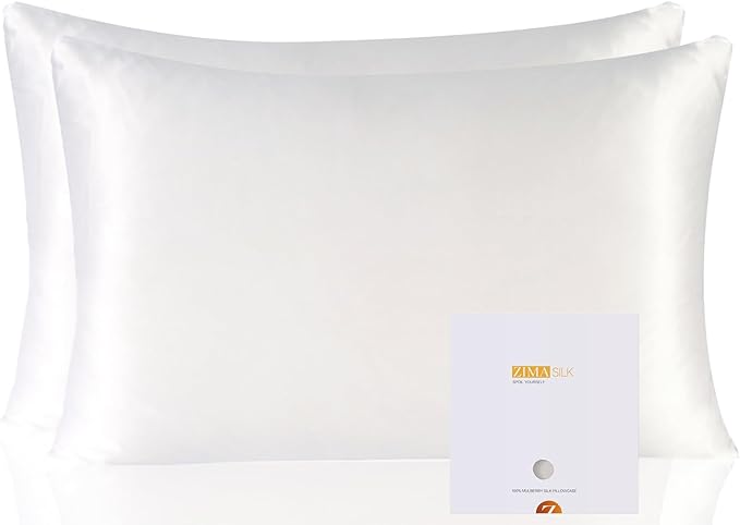 ZIMASILK 100% Pure Mulberry Silk Pillowcase 2 Pack, Soft and Smooth,Both Sides Premium Grade 6A Silk,600 Thread Count,with Hidden Zipper for Men and Women Family (Standard 20"x26", White)