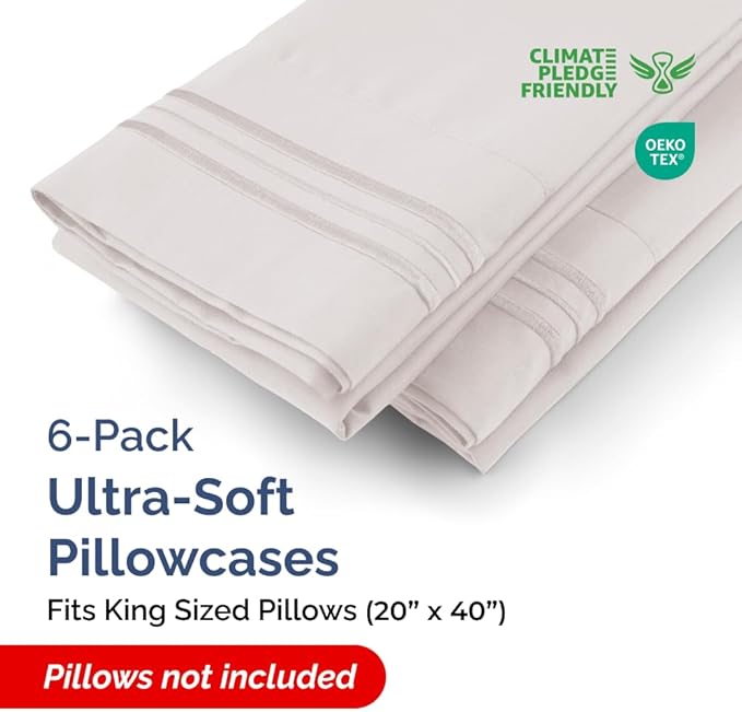 King Pillow Cases Set of 6 - Ultra Soft Hotel Quality Pillowcase Covers - Comfy. Cozy & Wrinkle Free - Shrink, Stain and Fade Resistant - Machine Washable Pillow Protectors - 6 Piece Set - Light Grey