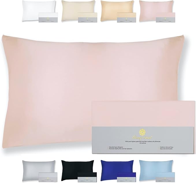 25 Momme Premium Mulberry Pink Silk Pillowcase for Hair and Skin | Handcrafted Hypoallergenic & Anti-Acne Silk Pillow Cases with Zipper | Standard - 20" x 26", Rose Water