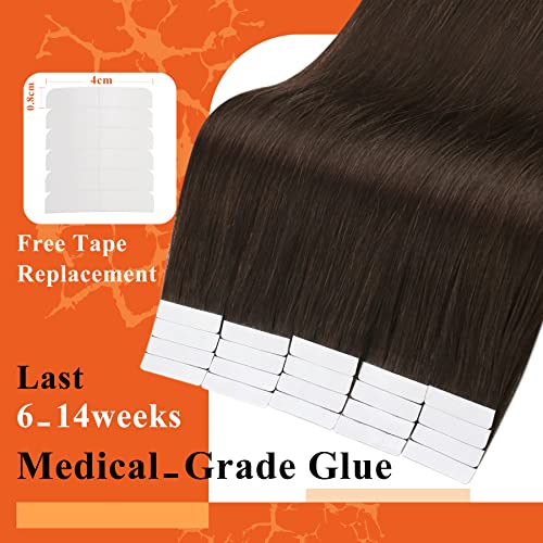 Full Shine Hair Extensions Tape in Color 2 Dark Brown Tape in Hair Extensions Human Hair 12Inch Skin Weft Hair Extensions 20Pcs 30Gram Tape Ins Human Hair Extensions for Women