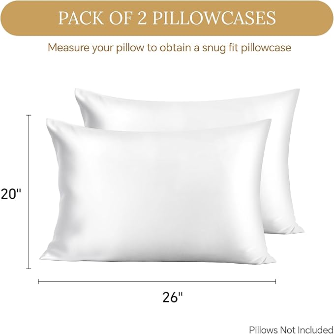 INFIIXSO Silk Pillow Cases 2 Pack Standard Size, Ultra Smooth & Soft Mulberry Silk Pillow Case for Hair and Skin, Breathable Cooling Silk Pillowcase with Hidden Zipper (White, 20x26 Inches)