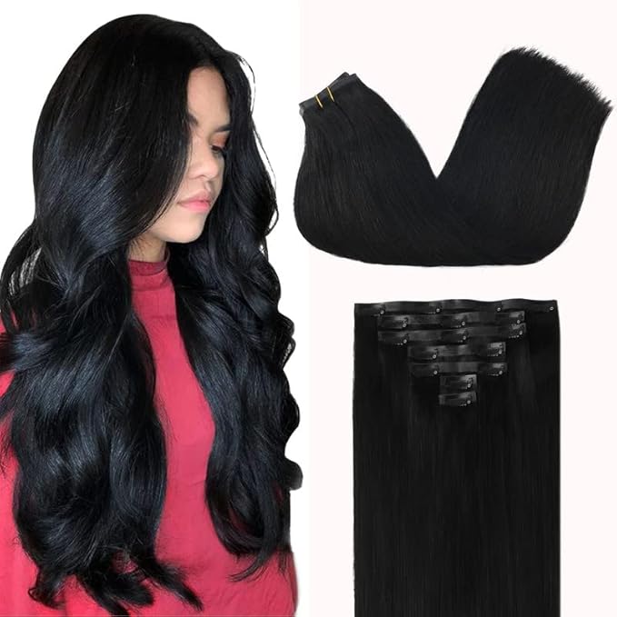 GOO GOO Clip in Hair Extensions Real Human Hair, Remy Human Hair Extensions Clip ins for Women, Natural Human Hair, 18inch 110g 7Pcs, 1 Jet black