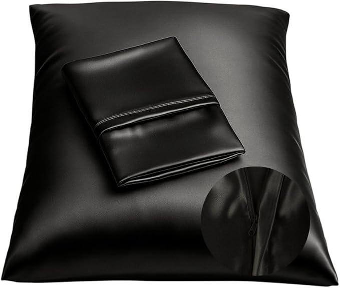 BLISSFORD Black Satin Pillowcase with Zipper for Hair and Skin Care, Feels Soft and Cool Like a Silk Pillowcase, Satin Pillow Cases 2 Pack, Slik Pillow Cover, King Size - Set of 2